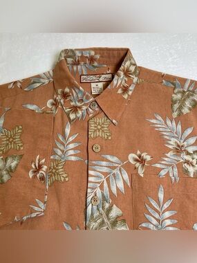 Paradise Blue Men's Medium Silk Blend Floral Hawaiian Aloha Camp Shirt Brown